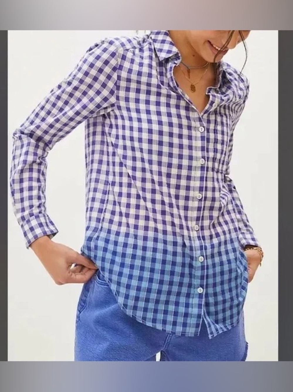 Pilcro Anthropologie Blue and Purple Ombre Plaid Long Sleeve Button Down Blouse